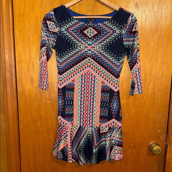 •AS U WISH•NWOT MULTI-COLORED BOHEMIAN 3/4 SLEEVE RUFFLE HEM DRESS SIZE XS - Picture 2 of 10